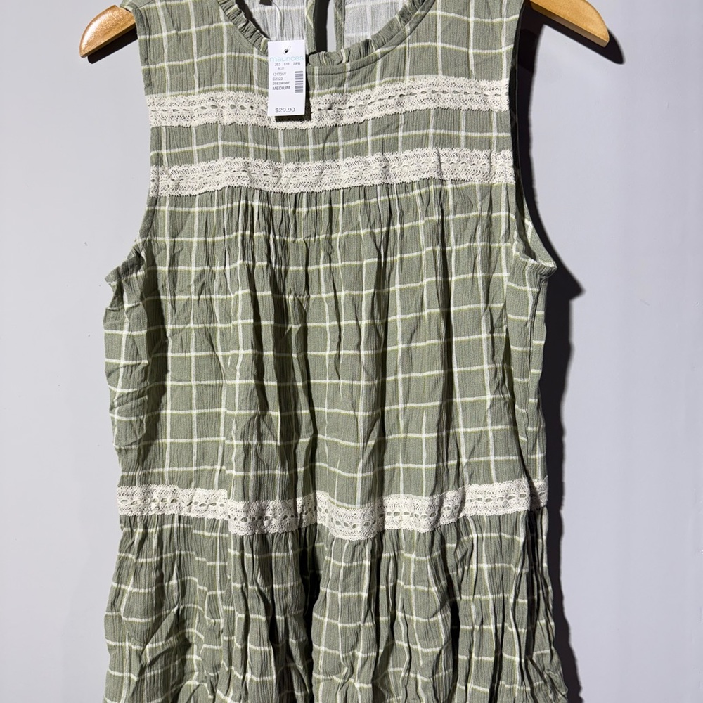 Maurices Olive Plaid Top with Lace Accents